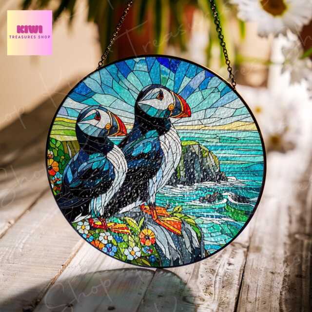 Puffin Couple Glass Suncatcher Ireland Coastal Art Window Hanging - image 1