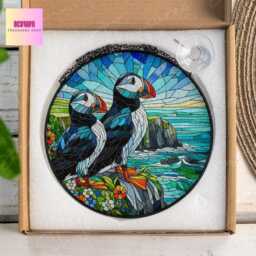 Puffin Couple Glass Suncatcher Ireland Coastal Art Window Hanging - thumbnail 2