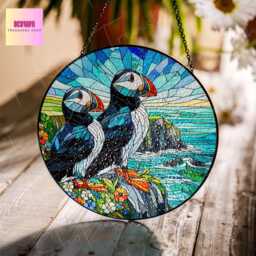 Puffin Couple Glass Suncatcher Ireland Coastal Art Window Hanging - thumbnail 1