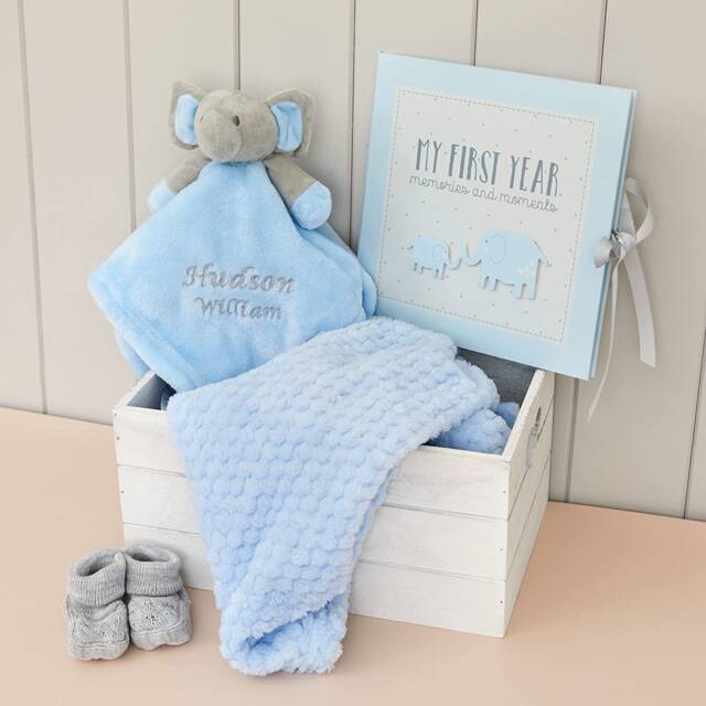 Personalised Baby Hamper Gift Set For Boy Comforter, Blanket, First Year Record Book Blue With Name Wooden Keepsake Box Newborn Boy - image 1