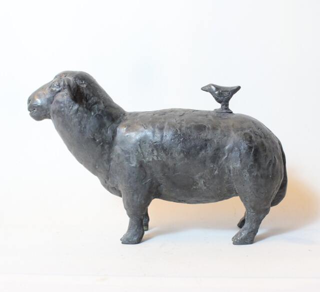 Bronze Sheep Sculpture With Bird Minimalist Metal Art - image 1