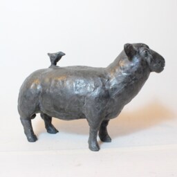 Bronze Sheep Sculpture With Bird Minimalist Metal Art - thumbnail 3