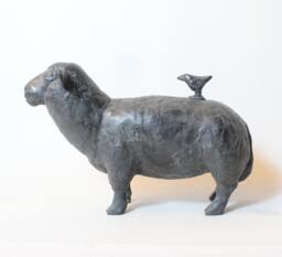 Bronze Sheep Sculpture With Bird Minimalist Metal Art