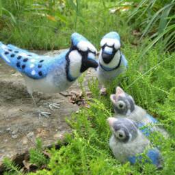 Mr. Or Mrs. Blue Jay & Family, Needle Felted Birds Babies, Wool Sculpture - thumbnail 3