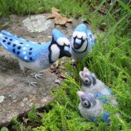 Mr. Or Mrs. Blue Jay & Family, Needle Felted Birds Babies, Wool Sculpture - thumbnail 2