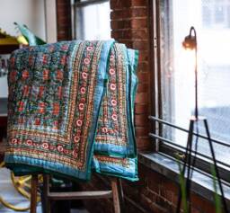 Turquoise Bohemian Quilt King/Queen Size Indian Block Print Bedspread
