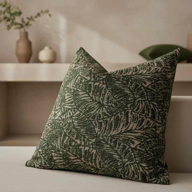 Green Linen Tropical Leaf Pillow Cover, Botanical Cushion - Duties Paid Usa - image 1