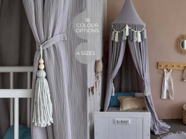 Canopy Bed Kids With Tassels, Hanging Canopy, Reading Nook Bed Tent, Muslin Boho Kids Play - image 1