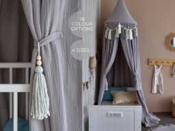 Canopy Bed Kids With Tassels, Hanging Canopy, Reading Nook Bed Tent, Muslin Boho Kids Play