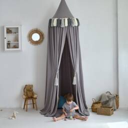 Canopy Bed Kids With Tassels, Hanging Canopy, Reading Nook Bed Tent, Muslin Boho Kids Play - thumbnail 2