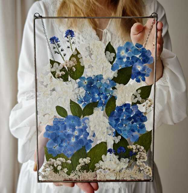 Pressed Hydrangea Flower Wall Art Stained Glass Suncatcher - image 1
