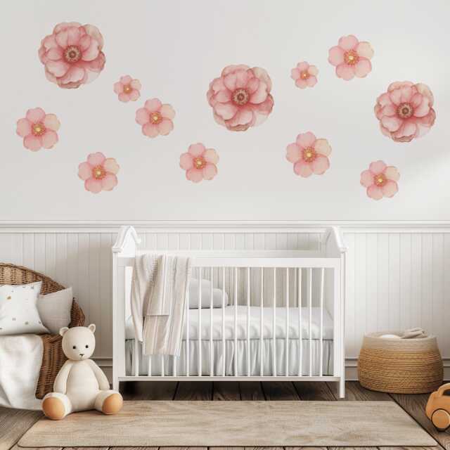 Pink Flower Wall Stickers, Floral Nursery Decals, Boho Girls Bedroom Decor, Peel & Stick Flowers, Baby Room Art - image 1