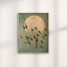 Green & Gold Wall Art, Flying Cranes, Sage Decor, Japanese Sun, Abstract Art Print, Birds, Living Room Large, Japandi - thumbnail 2