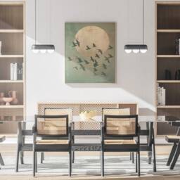 Green & Gold Wall Art, Flying Cranes, Sage Decor, Japanese Sun, Abstract Art Print, Birds, Living Room Large, Japandi - thumbnail 3