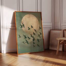 Green & Gold Wall Art, Flying Cranes, Sage Decor, Japanese Sun, Abstract Art Print, Birds, Living Room Large, Japandi