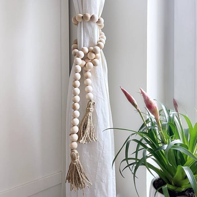 Wood Bead Curtain Tie Backs Linen Drapery Garland With Jute Tassels - image 1
