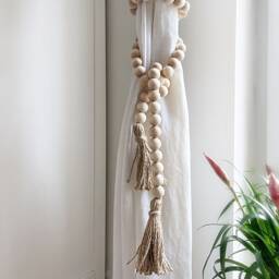 Wood Bead Curtain Tie Backs Linen Drapery Garland With Jute Tassels - thumbnail 2