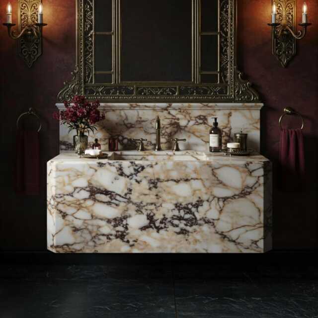 Calacatta Amber Viola Marble Sink - Handcrafted Veined Vanity Basin Elegant Bathroom Decor Wall-Mounted Stone M7S008 - image 1