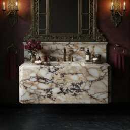 Calacatta Amber Viola Marble Sink - Handcrafted Veined Vanity Basin Elegant Bathroom Decor Wall-Mounted Stone M7S008 - thumbnail 1