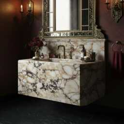 Calacatta Amber Viola Marble Sink - Handcrafted Veined Vanity Basin Elegant Bathroom Decor Wall-Mounted Stone M7S008 - thumbnail 3