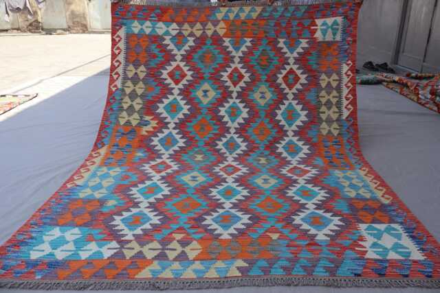 5x7 Afghan Kilim Rug, Orange Blue Flatweave Handmade Wool Geometric Tribal Oriental Carpet, Rug For Bedroom - image 1