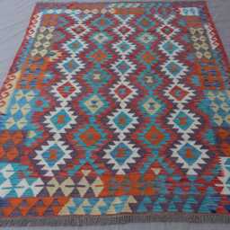 5x7 Afghan Kilim Rug, Orange Blue Flatweave Handmade Wool Geometric Tribal Oriental Carpet, Rug For Bedroom - thumbnail 3