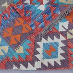 5x7 Afghan Kilim Rug, Orange Blue Flatweave Handmade Wool Geometric Tribal Oriental Carpet, Rug For Bedroom - thumbnail 4