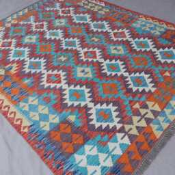 5x7 Afghan Kilim Rug, Orange Blue Flatweave Handmade Wool Geometric Tribal Oriental Carpet, Rug For Bedroom - thumbnail 2
