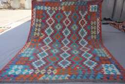 5x7 Afghan Kilim Rug, Orange Blue Flatweave Handmade Wool Geometric Tribal Oriental Carpet, Rug For Bedroom - thumbnail 1