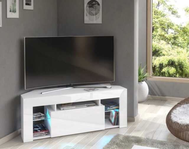Furneo White Corner Tv Stand 125cm Unit Cabinet Matt & High Gloss Milano 05 Led Lights - image 1