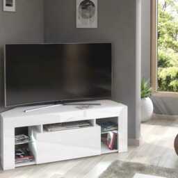 Furneo White Corner Tv Stand 125cm Unit Cabinet Matt & High Gloss Milano 05 Led Lights - thumbnail 2