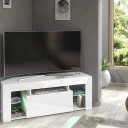Furneo White Corner Tv Stand 125cm Unit Cabinet Matt & High Gloss Milano 05 Led Lights - thumbnail 3