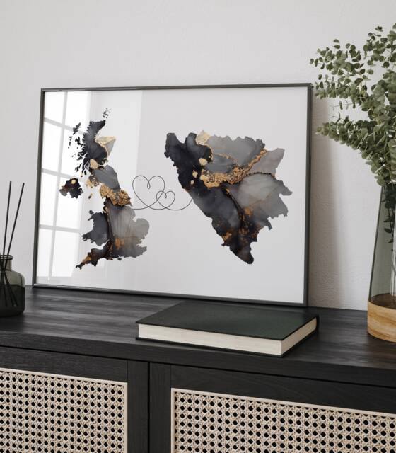 Britain & Bosnia Herzegovina Map Black & Gold Travel Wall Art Print - United Kingdom UK - image 1