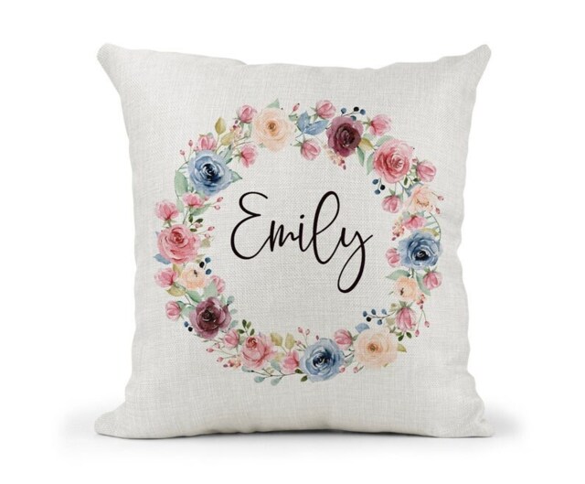 Personalised Cushion.. Girls Pink & Blue Floral Wreath- Name- Christening - Nanny Nan Gran Friend Birthday - image 1