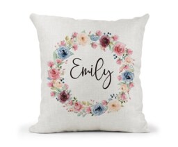 Personalised Cushion.. Girls Pink & Blue Floral Wreath- Name- Christening - Nanny Nan Gran Friend Birthday - thumbnail 1