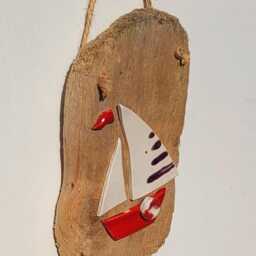 Character Nautical Driftwood & Ceramic Boat Wall Hanging Plaque Shabby Chic - thumbnail 4