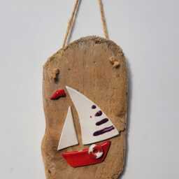 Character Nautical Driftwood & Ceramic Boat Wall Hanging Plaque Shabby Chic - thumbnail 2