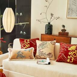 Embroidered Dragon Pillow Cover - Oriental Style Cushion, Housewarming Gift - thumbnail 1