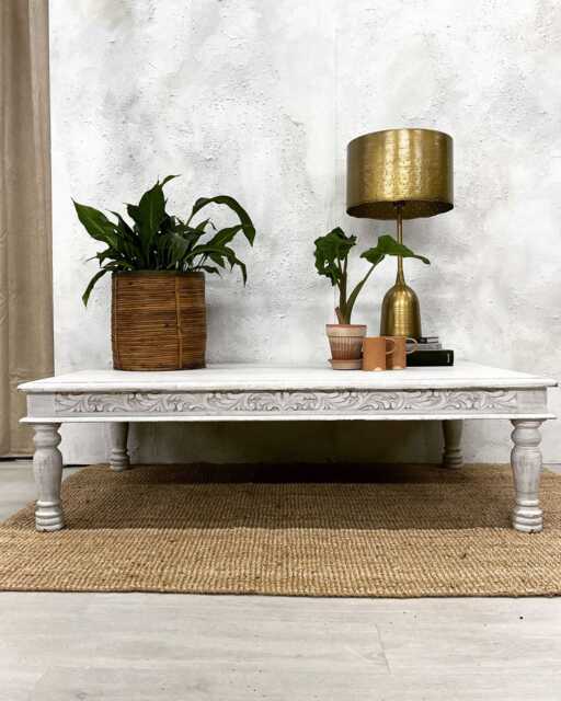 Hand-Carved Mango Wood Coffee Table - Whitewashed Finish - image 1