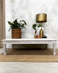 Hand-Carved Mango Wood Coffee Table - Whitewashed Finish
