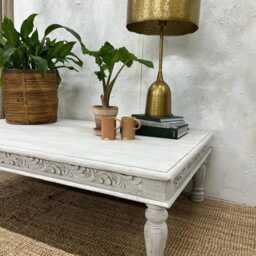 Hand-Carved Mango Wood Coffee Table - Whitewashed Finish - thumbnail 2