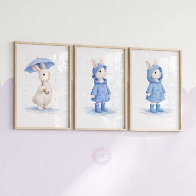 Rabbit Nursery Prints - Set Of 3 Blue Bunny Girls Wall Art, Girl Animal Decor - image 1