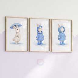 Rabbit Nursery Prints - Set Of 3 Blue Bunny Girls Wall Art, Girl Animal Decor - thumbnail 1