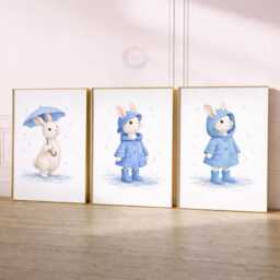 Rabbit Nursery Prints - Set Of 3 Blue Bunny Girls Wall Art, Girl Animal Decor - thumbnail 2