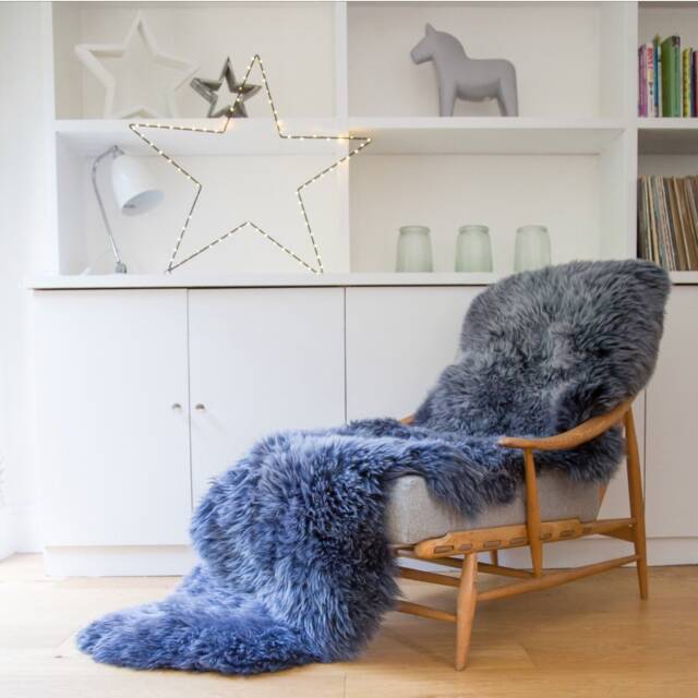 Double Sheepskin Rug, Navy Blue With Light Tips, UK Hand Finished