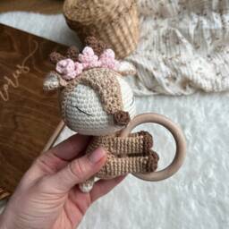 Crochet Rattle, Cute Fawn Baby Shower Gift, Christening Toy, Girl, New Mom Gift - thumbnail 3