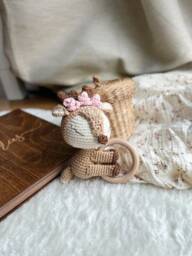 Crochet Rattle, Cute Fawn Baby Shower Gift, Christening Toy, Girl, New Mom Gift