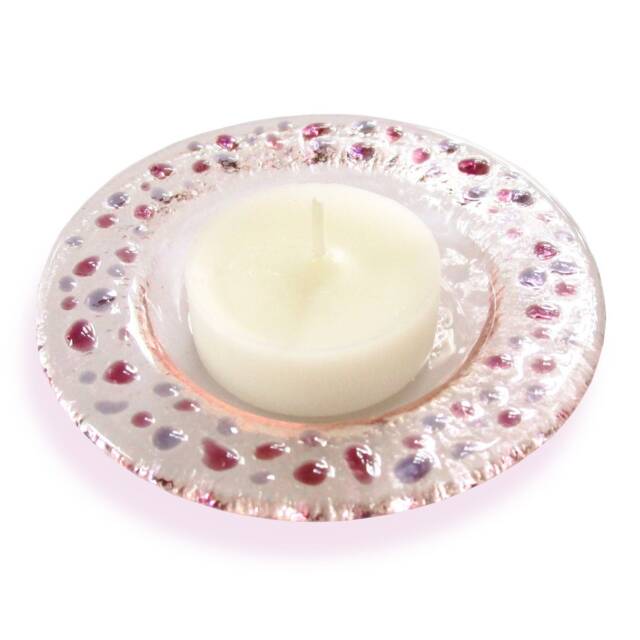Pink Murano Glass Candle-Holder With Violet Drops, Fused Saucer - Lapilli Series, Baptism Gift, Romantic Light For Table/Bath - image 1