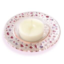 Pink Murano Glass Candle-Holder With Violet Drops, Fused Saucer - Lapilli Series, Baptism Gift, Romantic Light For Table/Bath - thumbnail 1