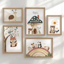 Woodland Nursery Gallery Wall Set, Personalised Forest Animal Prints in Optional Oak Or White Frames, Nature Theme Decor For Baby's Room - thumbnail 1